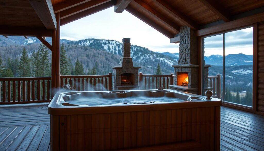 A cozy, rustic hot tub nestled in a scenic mountain landscape. The tub is made of natural wood, steaming with inviting warmth. Surrounding it, a spacious deck offers panoramic views of the towering peaks and dense pine forests. Soft, diffused lighting casts a gentle glow, creating a serene and relaxing atmosphere. The air is crisp and clean, with a hint of pine and earthy scents. In the distance, a stone fireplace stands tall, its dancing flames visible through large windows. This idyllic setting promises to elevate any Montana cabin stay, blending the comforts of home with the majestic beauty of the great outdoors.