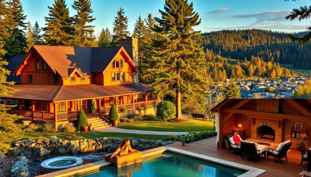A cozy, rustic inn nestled in a picturesque New England landscape, surrounded by towering pines and a serene, gently flowing stream. The inn's exterior features warm, weathered wood and stone accents, with a welcoming front porch and inviting entryway. The scene is bathed in soft, golden sunlight, creating a calming, romantic atmosphere. In the foreground, a tranquil spa retreat is visible, with a beautifully manicured garden and a soothing outdoor pool. Couples relax on plush lounge chairs, enjoying rejuvenating treatments and the peaceful ambiance. The middle ground features the inn's elegant interiors, with a cozy fireplace, wooden beams, and tasteful furnishings. The background showcases the surrounding wooded hills and a picturesque New England town in the distance.
