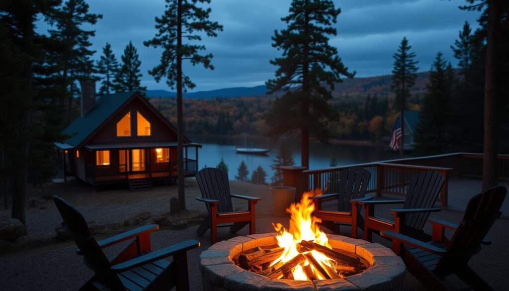 A cozy, secluded cabin nestled amidst the towering pines of Northern Michigan, its warm glow reflected in a serene lake. In the foreground, a crackling fire pit surrounded by Adirondack chairs, inviting guests to relax and soak in the tranquil atmosphere. The mid-ground features a wooden deck with a panoramic view of the forest, while the background showcases the rolling hills and vibrant foliage characteristic of this picturesque region. Soft, golden lighting bathes the scene, creating a sense of peaceful solitude. The overall impression is one of a luxurious, yet rustic retreat, perfect for an indulgent getaway.