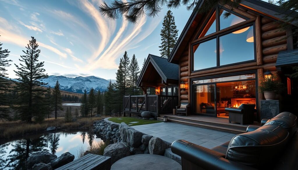 A cozy, secluded luxury cabin nestled amidst the towering pines of the Montana mountains. Warm, inviting lights glow through the large picture windows, revealing a spacious interior with a roaring fireplace and plush leather furnishings. In the foreground, a patio overlooks a serene lake, the still waters reflecting the snowcapped peaks in the distance. Soft, golden hour lighting casts a romantic glow, as wispy clouds drift across a clear, azure sky. The cabin's exterior is crafted from rich, weathered timber, blending seamlessly into the rugged, unspoiled landscape. An intimate, peaceful retreat perfect for couples seeking a soul-stirring mountain getaway.