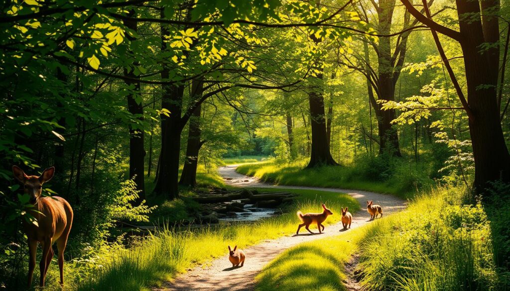A cozy, sunlit forest path winds through lush, verdant foliage. Dappled light filters through the canopy, casting a warm, romantic glow over the scene. In the foreground, a deer delicately nibbles on fresh greenery, while squirrels scurry among the branches overhead. The middle ground reveals a babbling brook, its gentle sounds creating a soothing ambiance. In the distance, a family of rabbits emerges from the underbrush, hopping playfully across the trail. The overall atmosphere evokes a sense of tranquility and escape, perfectly capturing the peaceful charm of Iowa's countryside.