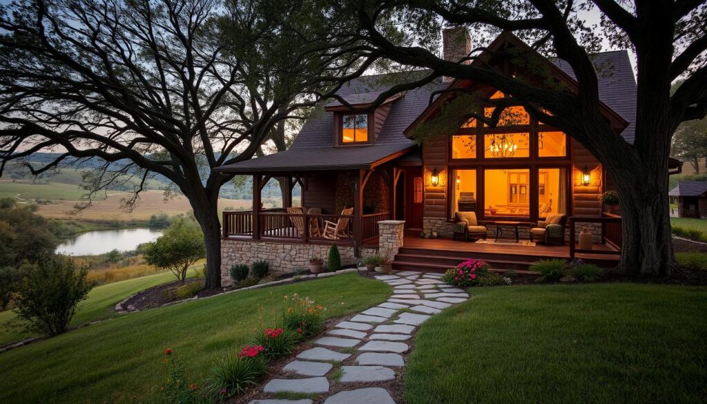 A cozy, two-story hill country cabin nestled amidst lush, rolling hills and towering oak trees. The exterior features rustic stone and wood accents, a wraparound porch with rocking chairs, and a wooden deck overlooking a tranquil pond. Warm, ambient lighting filters through large windows, casting a soft glow on the interior's natural wood beams, stone fireplace, and plush leather furnishings. In the foreground, a stone pathway leads through a meticulously landscaped garden, dotted with vibrant wildflowers. The scene conveys a sense of peaceful seclusion and understated luxury, inviting visitors to escape the hustle and immerse themselves in the serene beauty of the Texas Hill Country.