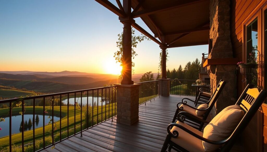 A cozy veranda overlooking lush, rolling hills and a serene alpine lake at 6,145 feet. The setting sun casts a warm, golden glow across the wooden planks and wrought-iron railings. Plush, cushioned rocking chairs invite guests to relax and soak in the breathtaking vista. Delicate vines and trailing flowers frame the view, creating a romantic, intimate atmosphere. A rustic stone fireplace stands ready to provide comfort on chilly evenings. The air is crisp and clean, carrying the scent of pine and wildflowers. This picturesque scene is the perfect backdrop for an unforgettable dining experience in the heart of South Dakota's stunning Black Hills.