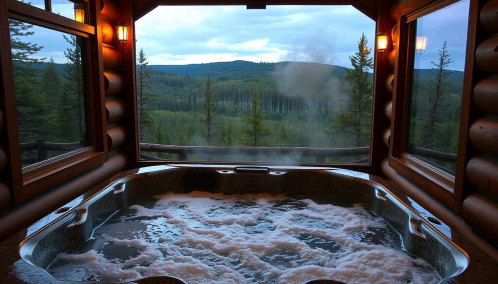 A cozy, well-appointed hot tub nestled in a serene, wooded cabin setting. The tub is surrounded by natural stone and wooden accents, with a rustic log exterior and large windows offering panoramic views of the lush, verdant landscape beyond. Soft, ambient lighting casts a warm, inviting glow, while steam rises gently from the bubbling, crystal-clear water. The scene conveys a sense of peaceful seclusion and luxurious relaxation, perfectly suited for unwinding in the heart of the Montana wilderness.