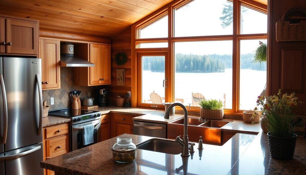 A cozy, well-appointed kitchen in a rustic lakefront cabin, bathed in warm, soft lighting from a large window overlooking a serene lake. The kitchen features natural wood cabinetry, stainless steel appliances, and a central island with seating. The countertops are made of polished granite, and a copper farmhouse sink sits under a traditional faucet. Woven baskets, fresh herbs, and a vase of wildflowers add charming, homey touches. The overall atmosphere is one of comfort, convenience, and a connection to the natural beauty of the surrounding landscape.