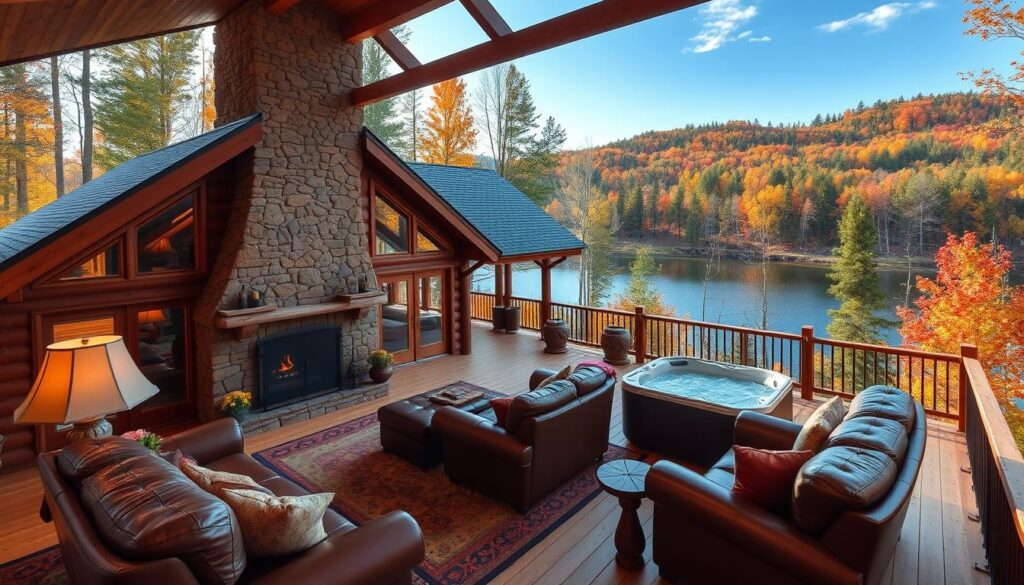 A cozy, well-appointed luxury cabin nestled in a picturesque forest landscape, with a large deck overlooking a tranquil lake. The cabin's exterior features rustic log construction and a stone chimney, complemented by lush greenery and vibrant autumn foliage. Inside, the cabin boasts a spacious, open-concept living area with plush leather furnishings, a grand fireplace, and panoramic windows that flood the space with warm, natural light. A gourmet kitchen and a luxurious en-suite bathroom hint at the cabin's high-end amenities, while a secluded hot tub on the deck promises a truly indulgent, romantic getaway experience.