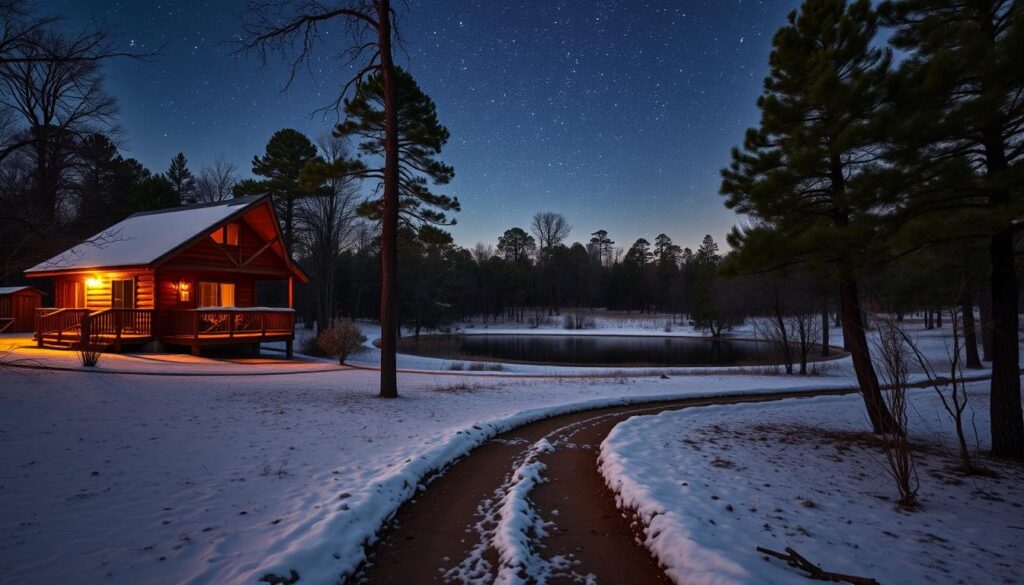 A cozy winter cabin nestled in the Texas Hill Country, its warm glow casting a gentle light across a tranquil scene. In the foreground, a well-worn trail winds through a dusting of snow, inviting exploration. In the middle ground, a serene pond reflects the twinkling stars above, while in the background, towering pines sway softly in the cool breeze. The atmosphere is one of quiet contemplation, where the stresses of the world seem to melt away, leaving only the peaceful embrace of nature. A wide-angle lens captures the essence of this idyllic winter retreat, where the simple pleasures of hiking, stargazing, and quiet reflection await.