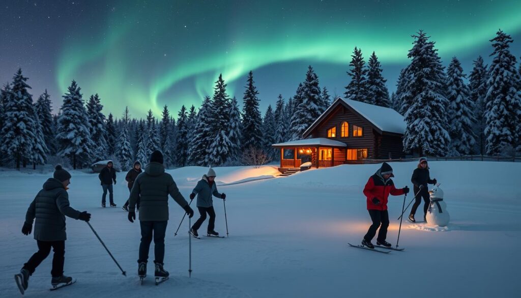 A cozy winter scene in a snowy Michigan landscape. In the foreground, a group of people engaged in various outdoor activities: ice skating on a frozen lake, cross-country skiing through the trees, and building a snowman. The middle ground features a log cabin with a warm glow from the windows, surrounded by snow-capped pines. In the background, a breathtaking view of the northern lights dancing across the night sky. The scene is illuminated by a soft, diffused natural light, creating a serene and magical atmosphere. The lens captures a wide angle to encompass the full breadth of the winter wonderland.
