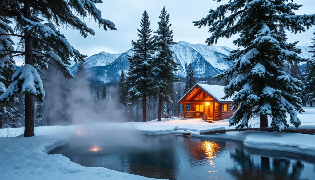A cozy winter scene set in the serene Wyoming wilderness. In the foreground, a steaming natural hot spring surrounded by a dusting of fresh snow. Tall, snow-capped pines frame the serene pool, their branches gently swaying in the crisp mountain air. Soft, warm lighting bathes the tranquil scene, creating a sense of peaceful solitude. In the middle ground, a rustic log cabin nestled among the trees, its windows aglow, inviting visitors to come inside and warm themselves. The background features a majestic mountain range, its peaks capped with glistening white snow, mirroring the tranquil mood of the hot spring oasis. An idyllic wintertime haven, perfect for a romantic getaway.