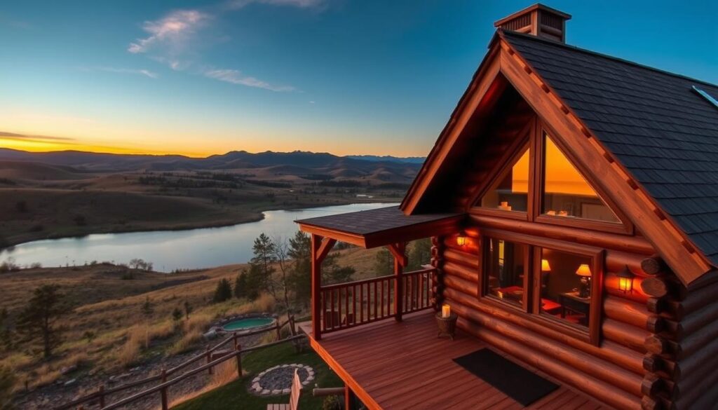 A cozy wooden cabin nestled amidst the rolling hills and sparkling lakes of South Dakota's scenic countryside. The cabin's front porch offers a panoramic view of the surrounding landscape, with mountains in the distance and a tranquil lake reflecting the golden hues of the setting sun. Warm, soft lighting emanates from the cabin's windows, creating a welcoming and intimate atmosphere. The scene is captured with a wide-angle lens, emphasizing the expansive natural beauty and the cabin's charming integration into the serene environment. This romantic retreat exudes a sense of peaceful seclusion and the perfect escape from the hustle and bustle of everyday life.