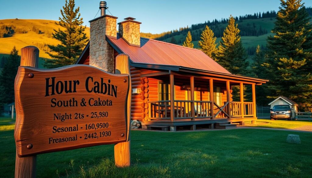 A cozy wooden cabin nestled in the lush, rolling hills of South Dakota, its exterior bathed in warm, golden light. In the foreground, a hand-carved sign displaying the availability, nightly rates, and seasonal details for this tranquil retreat. The cabin's rustic charm is accentuated by a stone chimney, a wraparound porch, and a backdrop of towering pines. Soft shadows play across the scene, creating a serene and inviting atmosphere, perfect for planning a romantic getaway amidst the picturesque lakes and hills of this idyllic region.