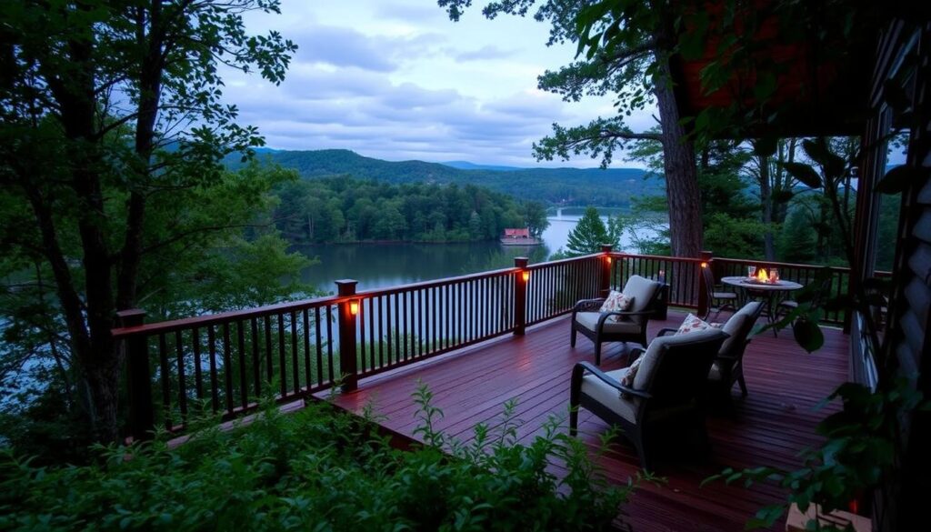 A cozy wooden deck nestled amidst lush green foliage, overlooking a serene lake. The deck is adorned with comfortable patio furniture, inviting visitors to relax and take in the picturesque scenery. Warm, soft lighting casts a gentle glow, creating a romantic ambiance perfect for an intimate cabin retreat. In the background, towering trees and rolling hills frame the peaceful landscape, evoking a sense of tranquility and seclusion. The overall scene exudes a welcoming, rustic charm, perfectly complementing the "Maple Retreat at Park Mammoth" and its idyllic setting near Mammoth Cave.