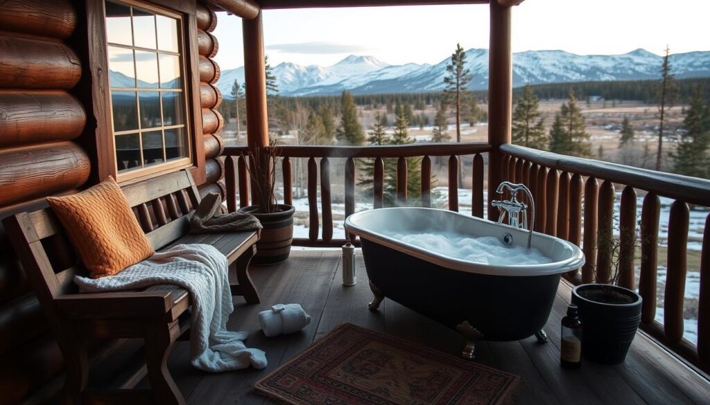 A cozy wooden porch overlooking a serene Montana landscape, a large antique-style cast iron tub nestled in the corner, steam rising from the bubbling hot water. Soft light filters through the cabin windows, casting a warm glow on the scene. Plush towels and robes are laid out, inviting you to sink into the tub and relax. The porch is adorned with rustic accents like a weathered bench, potted plants, and a woven rug underfoot. The background features snow-capped mountains and tall pines, creating a picturesque and peaceful setting for an evening of tranquility.
