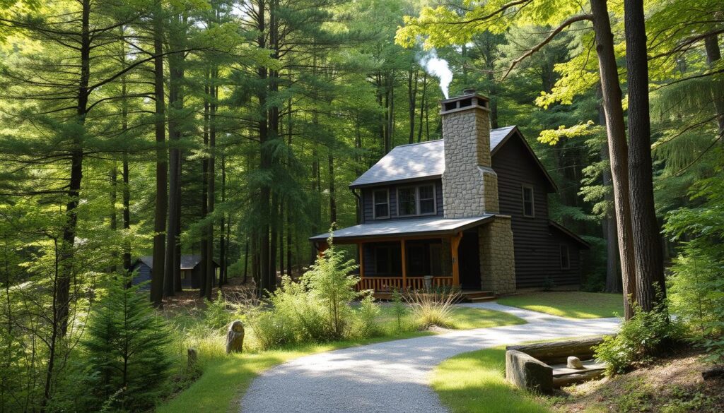 A cozy woodland cabin nestled in the lush, rolling hills of the Berkshires, Massachusetts. The two-story structure is surrounded by a thick forest of towering pines and hardwoods, their leaves casting a dappled pattern of light and shadow across the rustic exterior. A large stone chimney billows gentle wisps of smoke, inviting visitors to step inside and enjoy the warmth of a crackling fireplace. In the foreground, a gravel path winds through the underbrush, leading towards a serene mountain stream where hikers can follow winding trails. Soft, diffused natural lighting bathes the scene, creating an atmosphere of tranquility and rural charm.