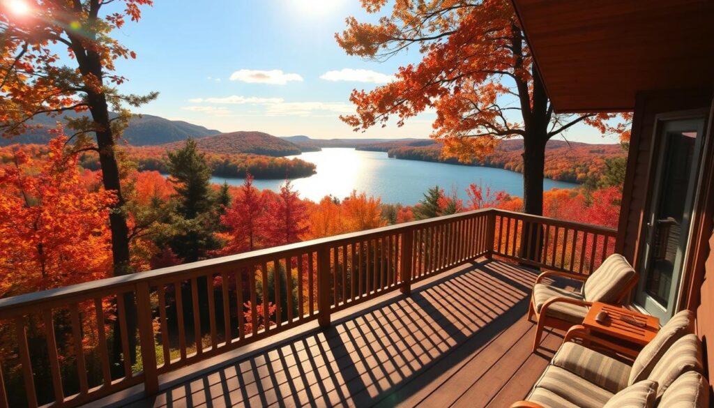 A deck overlooking a tranquil lake in northern Michigan, surrounded by a vibrant display of autumn foliage. In the foreground, a cozy wooden deck with a comfortable seating area, bathed in warm, golden sunlight filtering through the trees. The middle ground features the glistening waters of Lake Leelanau, its surface reflecting the vibrant reds, oranges, and yellows of the cedar trees lining the shoreline. In the background, rolling hills covered in a tapestry of fall colors, creating a breathtaking panoramic vista. The scene is captured through a wide-angle lens, conveying a sense of peaceful solitude and serene natural beauty.