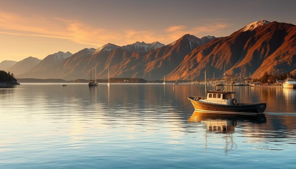 A dramatic panoramic view of the Seward harbor and Resurrection Bay, with the rugged Kenai Mountains rising majestically in the background. The calm, glassy waters reflect the surrounding scenery, creating a serene and mirror-like effect. In the foreground, a quaint fishing boat bobs gently, adding a touch of human presence to the serene landscape. Warm, golden-hour lighting bathes the scene, casting a soft, ethereal glow over the entire composition. The image conveys a sense of tranquility and awe-inspiring natural beauty, perfectly capturing the essence of the Alaskan wilderness. A dramatic panoramic view of the Seward harbor and Resurrection Bay, with the rugged Kenai Mountains rising majestically in the background. The calm, glassy waters reflect the surrounding scenery, creating a serene and mirror-like effect. In the foreground, a quaint fishing boat bobs gently, adding a touch of human presence to the serene landscape. Warm, golden-hour lighting bathes the scene, casting a soft, ethereal glow over the entire composition. The image conveys a sense of tranquility and awe-inspiring natural beauty, perfectly capturing the essence of the Alaskan wilderness.