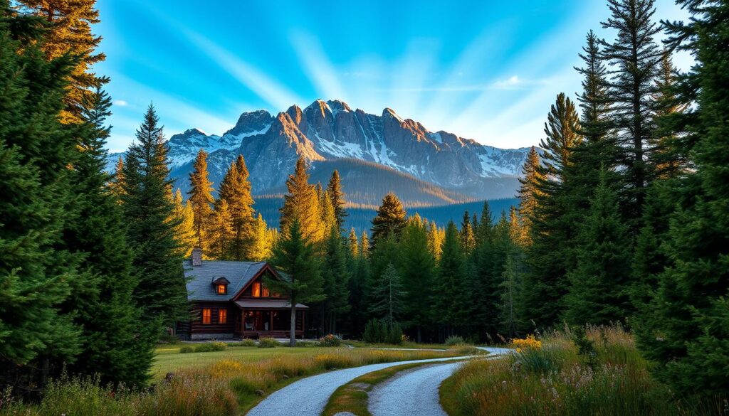 A dramatic vista of rugged, snow-capped mountains rising majestically against a clear, azure sky. In the foreground, a cozy log cabin nestled amidst lush evergreen forests, its warm glow of windows inviting travelers to find solace within. A winding path leads the eye towards the cabin, framed by towering pines and dotted with wildflowers. Shafts of golden afternoon light filter through the canopy, casting a serene, romantic ambiance. The scene evokes a sense of peaceful isolation, where time seems to slow, allowing visitors to truly immerse themselves in the natural splendor of the Idaho wilderness.