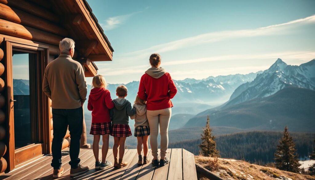 A family of four standing on a wooden deck, overlooking a vast, majestic mountain landscape under a dramatic, cloudless sky. The parents and two young children gaze out in awe, embracing the serene, panoramic view. Warm, golden sunlight bathes the scene, casting soft shadows and highlighting the natural textures of the cabin's exterior and the rugged, snow-capped peaks in the distance. The composition is balanced, with the family forming the foreground, the middle ground showcasing the cabin and its surroundings, and the breathtaking mountains and clear blue sky as the background. The mood is one of tranquility, wonder, and a deep connection to the natural world.