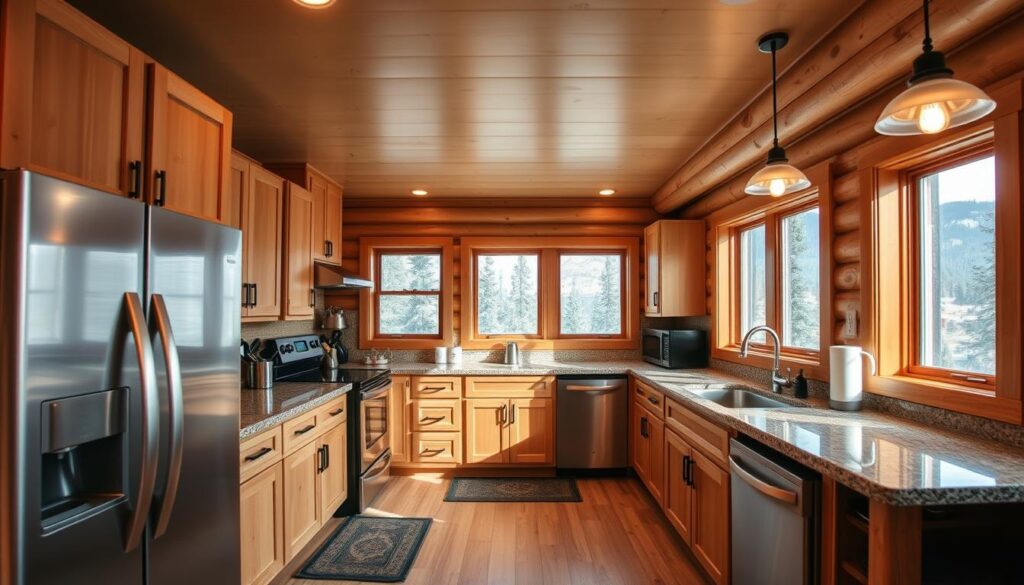 A fully equipped kitchen in a cozy cabin nestled in the heart of Whitefish, Montana. The warm, rustic interior features natural wood cabinets, granite countertops, and stainless steel appliances. Soft, diffused lighting casts a soothing glow, creating an inviting atmosphere. The kitchen is spacious and well-organized, with ample storage and prep space, ready to facilitate the creation of delectable meals. Large windows offer breathtaking views of the surrounding pine-covered mountains, seamlessly blending the indoors and outdoors. This kitchen is the perfect setting for the discerning traveler seeking an elevated cabin experience in the stunning wilderness of Montana. A fully equipped kitchen in a cozy cabin nestled in the heart of Whitefish, Montana. The warm, rustic interior features natural wood cabinets, granite countertops, and stainless steel appliances. Soft, diffused lighting casts a soothing glow, creating an inviting atmosphere. The kitchen is spacious and well-organized, with ample storage and prep space, ready to facilitate the creation of delectable meals. Large windows offer breathtaking views of the surrounding pine-covered mountains, seamlessly blending the indoors and outdoors. This kitchen is the perfect setting for the discerning traveler seeking an elevated cabin experience in the stunning wilderness of Montana.