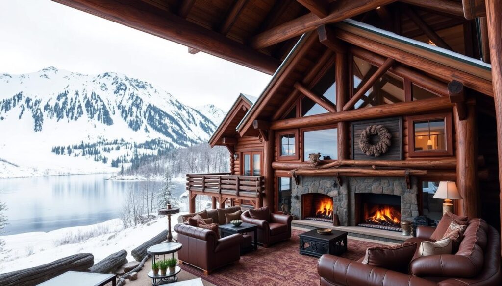 A grand, rustic log cabin nestled in the heart of the Alaskan wilderness, surrounded by snow-capped mountains and a pristine, glacial lake. The cabin's exterior is adorned with intricate woodwork and large picture windows, allowing guests to bask in the breathtaking natural scenery. Inside, the cabin features plush, leather furniture, a roaring fireplace, and high-end amenities, creating a luxurious and cozy atmosphere. Soft, warm lighting casts a welcoming glow, while large, wooden beams and exposed logs lend an authentic, wilderness-inspired charm. The cabin is the epitome of Alaskan luxury, offering guests a peaceful, serene retreat amidst the untamed beauty of the great North.