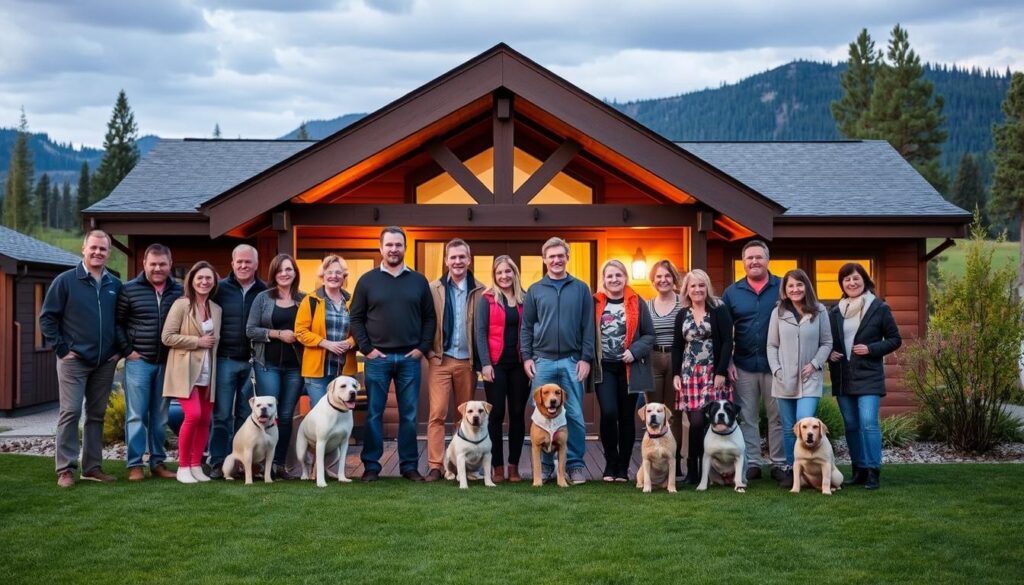 A group of diverse, friendly-looking property owners standing in front of a modern, cozy cabin. The owners are dressed casually, some petting their well-behaved dogs. The cabin is set against a picturesque Idaho landscape, with mountains in the background and a lush, green yard in the foreground. The lighting is warm and inviting, creating a welcoming atmosphere. The overall scene conveys a sense of relaxation, comfort, and the joys of pet-friendly vacation rentals.
