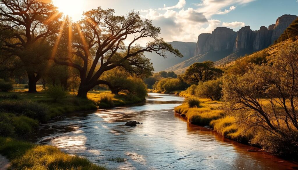 A lush, rolling hill country landscape frames a winding, crystal-clear river in the foreground. Warm, golden sunlight filters through wispy clouds, casting a gentle glow over the tranquil scene. Tall, majestic oak trees line the riverbanks, their branches casting soft, dappled shadows on the gently flowing water. In the distance, rugged limestone cliffs rise up, adding depth and drama to the idyllic vista. The overall mood is one of serene natural beauty, inviting the viewer to pause and savor the peaceful, picturesque Texas hill country setting.