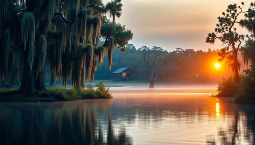 A lush, romantic bayou landscape at golden hour. In the foreground, a tranquil pond reflects the warm glow of the setting sun, surrounded by tall cypress trees draped in wispy Spanish moss. In the middle ground, a small wooden cabin nestled among the trees, its soft lights inviting exploration. Beyond, a dense forest of evergreens and flowering magnolias recedes into a hazy blue horizon, creating a sense of serene isolation. Gentle ripples on the water, the chirping of cicadas, and the fragrance of blooming flora set the perfect mood for a cozy, intimate getaway.