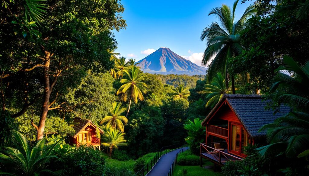 A lush, tropical rainforest surrounds a secluded luxury retreat, where cozy cottages with thatched roofs and warm wood accents nestle amidst the verdant foliage. Sunlight filters through the canopy, casting a golden glow upon the scene. In the distance, the majestic silhouette of a volcano rises, its jagged peaks creating a dramatic backdrop. A winding path leads to the private cottages, each offering panoramic views of the rainforest and volcano. Guests can relax on the spacious decks, taking in the serene ambiance and tranquil atmosphere of this enchanting Hawaiian hideaway.
