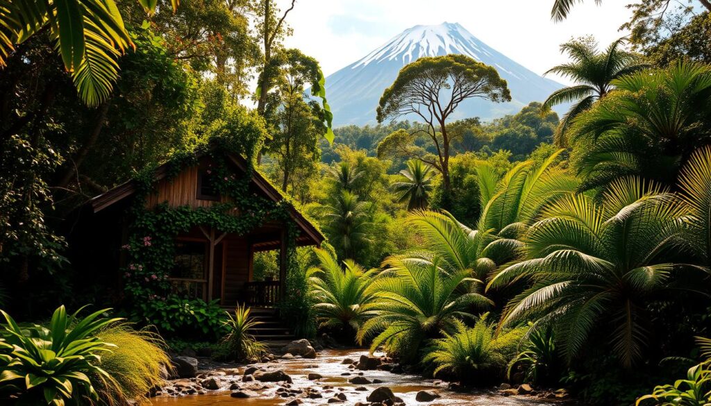 A lush, verdant rainforest canopy envelops a cozy, wooden cabin nestled at the base of a towering, snow-capped volcano. The cabin's rustic exterior is adorned with vines and flowers, blending seamlessly with the surrounding foliage. Sunlight filters through the trees, casting a warm, golden glow across the scene. In the foreground, a tranquil stream flows gently, its soothing sounds complementing the serene atmosphere. Towering ferns and vibrant tropical plants line the banks, creating a picturesque retreat that invites relaxation and exploration. The volcano's majestic presence dominates the background, its imposing silhouette casting a dramatic shadow over the entire landscape.