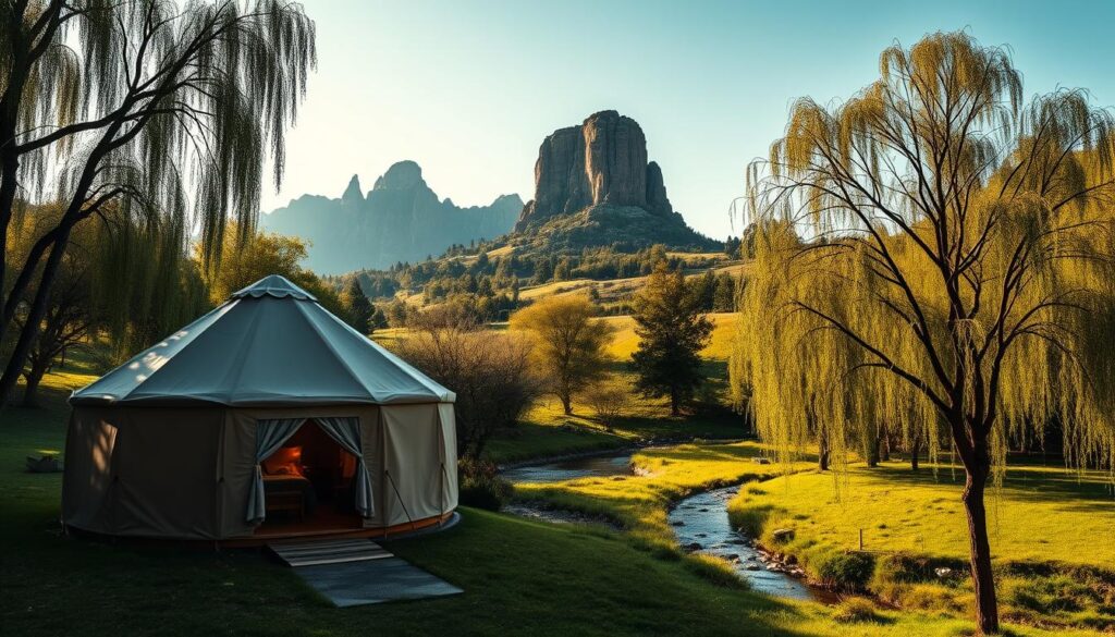 A lush, verdant state park nestled in the rolling hills, with a towering castle-like rock formation as the focal point. In the foreground, a cozy glamping yurt blends seamlessly with the natural landscape, its canvas walls casting soft, inviting shadows. Sunlight filters through the canopy of willow trees, casting a warm, golden glow over the scene. The middle ground features a meandering stream, its crystalline waters reflecting the surrounding beauty. In the distance, rugged, craggy peaks rise up, creating a dramatic, awe-inspiring backdrop. The overall atmosphere is one of tranquility, adventure, and a deep connection to the natural world.