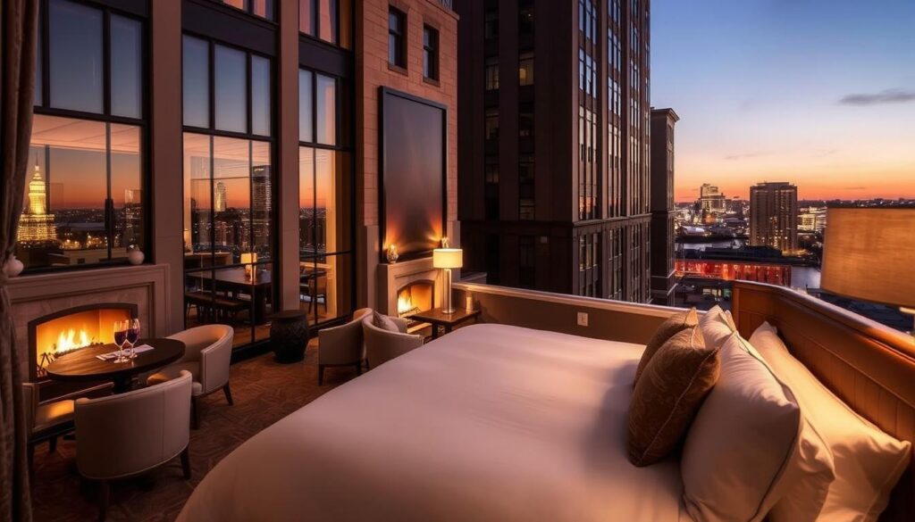 A luxurious boutique hotel nestled in the heart of downtown Omaha, its elegant facade bathed in the warm glow of evening light. Tall windows offer a glimpse of the chic, art-deco inspired lobby, where couples linger over cocktails by the crackling fireplace. In the distance, the twinkling skyline of the city serves as a romantic backdrop, while plush, intimate guest suites await, complete with lavish bedding, clawfoot tubs, and private balconies overlooking the tranquil Missouri River. This is a haven for discerning travelers seeking an indulgent, date-night escape in Nebraska's vibrant urban center.