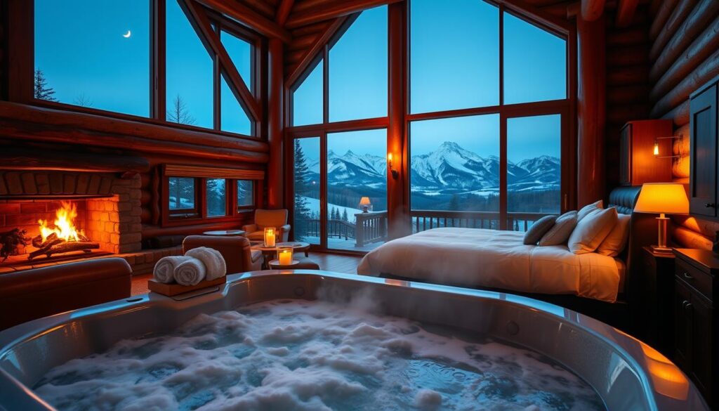 A luxurious cabin interior with a roaring fireplace, soft leather armchairs, and a fully-equipped kitchen with gleaming appliances. In the foreground, a large hot tub is filled with steaming water, surrounded by plush towels and candles flickering softly. The middle ground features a king-sized bed adorned with high-thread-count sheets and a fluffy duvet. Warm, indirect lighting bathes the scene, creating a cozy, romantic atmosphere. Large windows in the background offer panoramic views of snow-capped mountain peaks against a clear, azure sky. This is a tranquil, secluded retreat, designed for ultimate relaxation and indulgence.