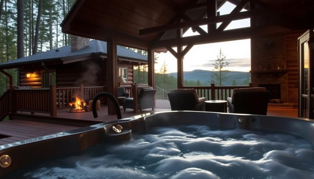 A luxurious cabin nestled in a serene West Virginia forest, its exterior adorned with warm wooden accents. The foreground features a spacious outdoor hot tub, steam gently rising from the bubbling waters. In the middle ground, a cozy stone fireplace crackles, casting a soft glow throughout the space. The background showcases the cabin's interior, highlighting plush furnishings and large windows that frame the picturesque landscape beyond. The overall scene evokes a sense of tranquility and indulgence, perfect for a romantic getaway.