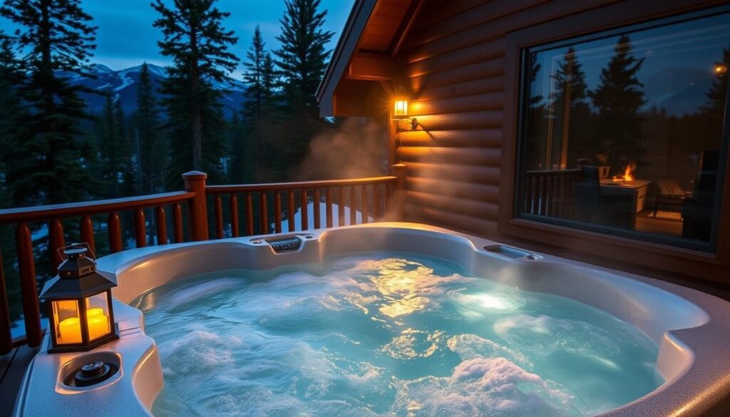 A luxurious hot tub nestled on the deck of a cozy cabin, surrounded by towering pine trees and the majestic peaks of the Rocky Mountains in Whitefish, Montana. The tub is filled with steaming, crystal-clear water, inviting guests to soak and unwind after a day of outdoor adventures. Soft lighting from lanterns casts a warm, intimate glow, while the cool mountain air creates a serene, rejuvenating atmosphere. The scene evokes a sense of comfort, charm, and the ultimate in vacation convenience, elevating the cabin experience to a true oasis of scenic solitude and mountain magic. A luxurious hot tub nestled on the deck of a cozy cabin, surrounded by towering pine trees and the majestic peaks of the Rocky Mountains in Whitefish, Montana. The tub is filled with steaming, crystal-clear water, inviting guests to soak and unwind after a day of outdoor adventures. Soft lighting from lanterns casts a warm, intimate glow, while the cool mountain air creates a serene, rejuvenating atmosphere. The scene evokes a sense of comfort, charm, and the ultimate in vacation convenience, elevating the cabin experience to a true oasis of scenic solitude and mountain magic.