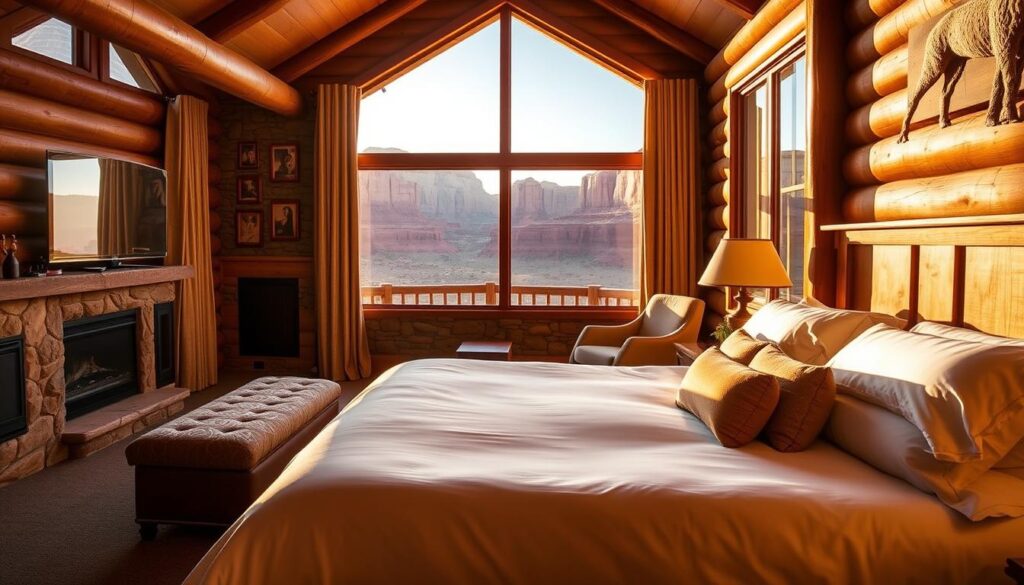 A luxurious king-size bed suite in a cozy cabin at the Red Cliffs Lodge, Moab. The room is bathed in warm, golden light filtering through large windows, showcasing the iconic red rock formations outside. Plush bedding, a wooden headboard, and a few tasteful décor pieces create a romantic, rustic ambiance. In the background, a stone fireplace adds to the cozy atmosphere. The scene evokes a serene, rejuvenating escape amidst Utah's stunning natural landscape.
