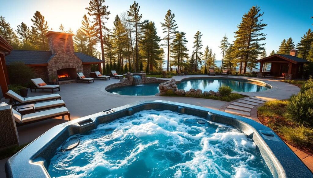 A luxurious outdoor oasis nestled in Michigan's northern wilderness. In the foreground, a sprawling hot tub bubbles invitingly, surrounded by plush lounge chairs and a towering stone fireplace. Beyond, a shimmering infinity pool reflects the towering pines and clear blue sky. The scene is bathed in warm, golden light, creating a serene and rejuvenating atmosphere. Smooth stone pathways wind through lush landscaping, leading to a charming sauna house and a cozy outdoor lounge area perfect for relaxing and taking in the natural beauty. This idyllic retreat offers the ultimate in pampering and comfort, catering to both the body and the soul.