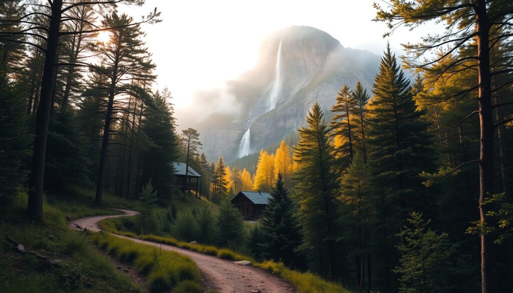 A majestic landscape of Pisgah National Forest in North Carolina's Blue Ridge Mountains, captured in a wide-angle lens with a dreamy, atmospheric quality. The foreground features a winding hiking trail leading through a lush, verdant forest, dappled with warm, golden sunlight filtering through the canopy of towering oak and pine trees. In the middle ground, a picturesque log cabin nestled among the trees, its rustic charm complementing the natural surroundings. The background showcases a towering, mist-shrouded peak, its rocky cliffs and waterfalls cascading down, creating a sense of tranquil seclusion and adventure. The overall mood is one of serene, romantic escapism, inviting the viewer to imagine themselves immersed in the beauty of Pisgah's trails, waterfalls, and cabin retreats.