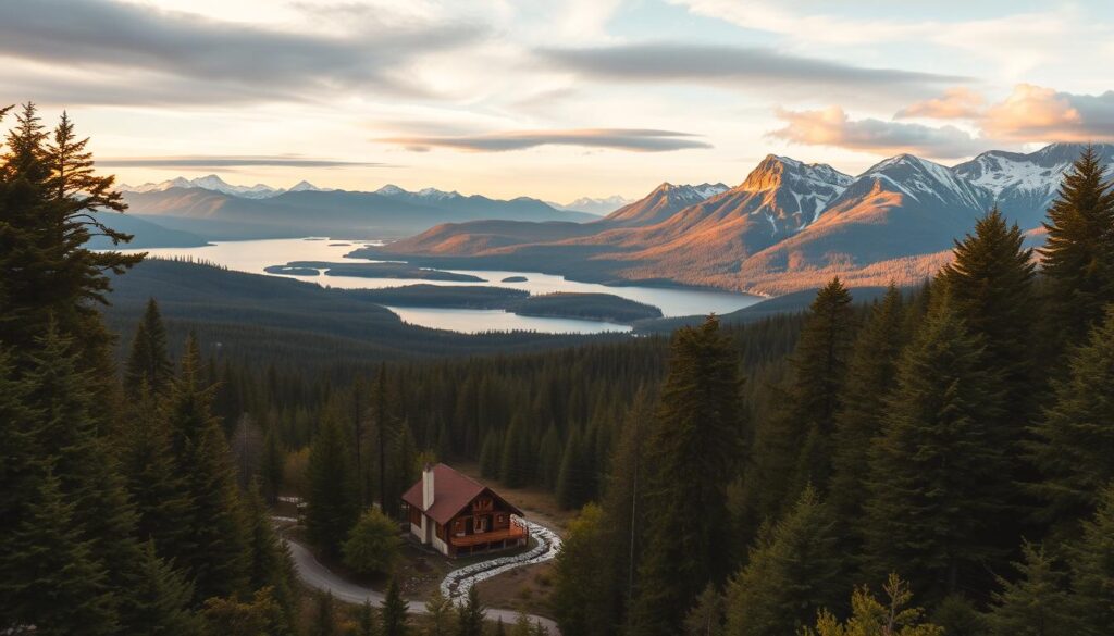 A majestic landscape of rolling hills, lush forests, and sparkling lakes unfolds before the viewer. In the foreground, a cozy cabin nestles amidst towering pines, its warm glow casting a welcoming embrace. The middle ground features a tranquil stream winding its way through the verdant foliage, inviting exploration. In the distance, rugged peaks reach skyward, their snow-capped summits bathed in golden sunlight filtering through wispy clouds. The scene exudes a sense of peaceful solitude, capturing the essence of Northern Michigan's natural beauty. A wide-angle lens captures this panoramic vista, framed by a cinematic aspect ratio to immerse the viewer in the serene ambiance.