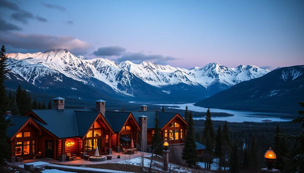 A majestic landscape of rugged peaks and pristine wilderness, the Anchorage gateway lodges stand as beacons of rustic luxury amidst the Alaskan wild. Nestled in the shadow of towering mountains, the lodges blend seamlessly with their natural surroundings, their log cabins and timber-framed structures evoking a sense of timeless, frontier-style charm. Through panoramic windows, guests are treated to sweeping vistas of snow-capped peaks, lush forests, and glistening lakes, while warm, cozy interiors offer a respite from the elements. Soft, diffused lighting casts a warm glow, creating an atmosphere of cozy comfort and relaxation. The scene evokes a sense of remote adventure and a deep connection to the untamed beauty of Alaska's wilderness.