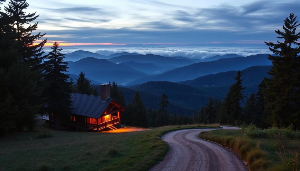A majestic landscape of the Great Smoky Mountains at dusk, with a cozy log cabin nestled in the foreground amidst lush evergreens. The cabin's warm glow contrasts against the deep blue hues of the distant peaks, shrouded in a soft mist. A winding dirt path leads towards the cabin, inviting the viewer to explore this peaceful, secluded retreat. The scene is bathed in the golden light of the setting sun, casting long shadows and creating a romantic, serene atmosphere. The image captures the tranquil beauty of North Carolina's mountain hideaways, perfect for a relaxing cabin getaway.
