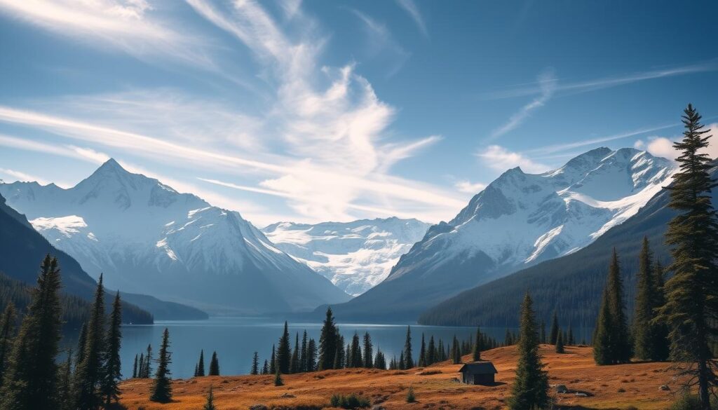 A majestic landscape of towering snow-capped peaks reflected in a serene glacial lake, the foreground dotted with evergreen forests and alpine meadows. Sunlight filters through wispy clouds, casting a warm glow over the untamed wilderness. In the distance, a solitary cabin nestled among the trees, a testament to the rugged beauty of Alaska. The scene exudes a sense of tranquility and adventure, inviting the viewer to immerse themselves in the pristine natural world.