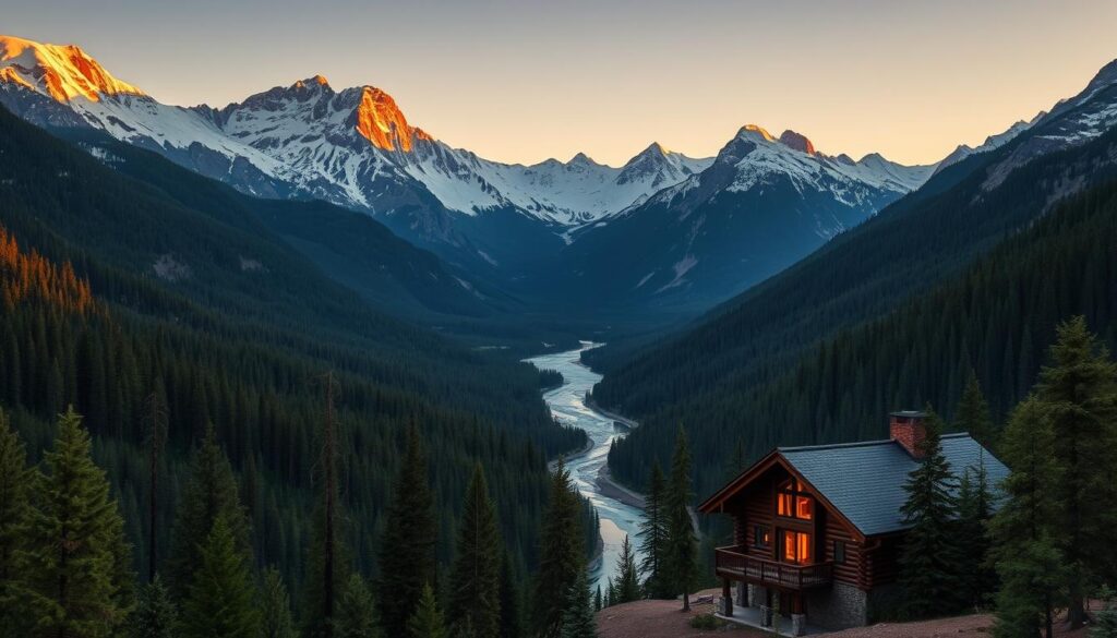 A majestic mountain landscape under a golden hour glow, with towering peaks capped in pristine snow, their rugged slopes descending into lush, verdant forests. In the middle ground, a winding river cuts through the valley, its crystal-clear waters reflecting the dramatic scenery. In the foreground, a cozy log cabin nestled amidst the trees, its warm, inviting lights casting a soft glow against the fading daylight. The atmosphere is one of serene tranquility, the perfect setting for a luxurious mountain retreat that stirs the soul.
