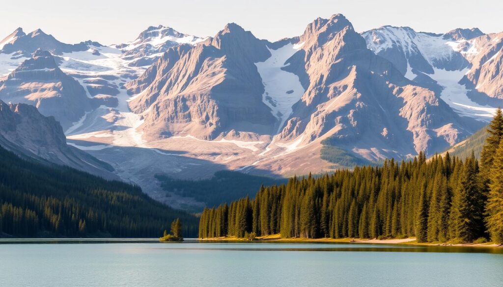 A majestic, sun-dappled scene of Glacier National Park unfolds before the viewer. In the foreground, a pristine alpine lake reflects the towering peaks and glaciers of the rugged, snow-capped mountains. Lush, verdant forests line the shoreline, hinting at the abundant wildlife that thrives in this untamed wilderness. The mid-ground is dominated by jagged, granite cliffs that cast dramatic shadows across the landscape, while the background is framed by a breathtaking panorama of glaciers glistening in the warm, golden light of a clear day. The tranquil atmosphere and sense of awe-inspiring natural beauty evoke a feeling of peaceful solitude, perfectly capturing the essence of adventure and ease that defines this stunning corner of Montana. A majestic, sun-dappled scene of Glacier National Park unfolds before the viewer. In the foreground, a pristine alpine lake reflects the towering peaks and glaciers of the rugged, snow-capped mountains. Lush, verdant forests line the shoreline, hinting at the abundant wildlife that thrives in this untamed wilderness. The mid-ground is dominated by jagged, granite cliffs that cast dramatic shadows across the landscape, while the background is framed by a breathtaking panorama of glaciers glistening in the warm, golden light of a clear day. The tranquil atmosphere and sense of awe-inspiring natural beauty evoke a feeling of peaceful solitude, perfectly capturing the essence of adventure and ease that defines this stunning corner of Montana.