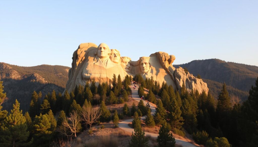 A majestic view of Mount Rushmore, the iconic American monument nestled within the serene Black Hills of South Dakota. In the foreground, the colossal stone faces of four U.S. presidents gaze out over the lush, forested landscape. The warm, golden light of the afternoon sun casts dramatic shadows across the weathered granite, highlighting the intricate details of the sculptures. In the middle ground, a winding path leads visitors through the natural beauty, inviting exploration. The background features the rolling, pine-covered hills that surround the monument, creating a picturesque backdrop for this national treasure. The scene exudes a sense of awe, history, and the natural splendor of the American West.
