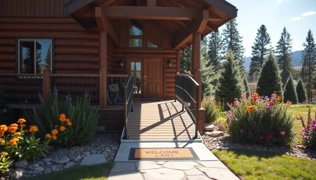 A modern, wheelchair-accessible entrance to a cozy Montana cabin, with a wide, gently sloping ramp leading to a sturdy wooden deck. The entrance is bathed in soft, diffuse natural light, creating a warm and inviting atmosphere. The ramp is flanked by decorative railings, seamlessly blending functionality and rustic charm. In the foreground, a welcome mat and a well-maintained pathway guide visitors towards the cabin's inviting doorway. The middle ground features lush, mature landscaping, including vibrant flowers and neatly trimmed shrubs, suggesting a well-kept, ADA-friendly property. In the background, a backdrop of towering pine trees and a clear, blue sky evokes the serene, mountain setting of the cabin.
