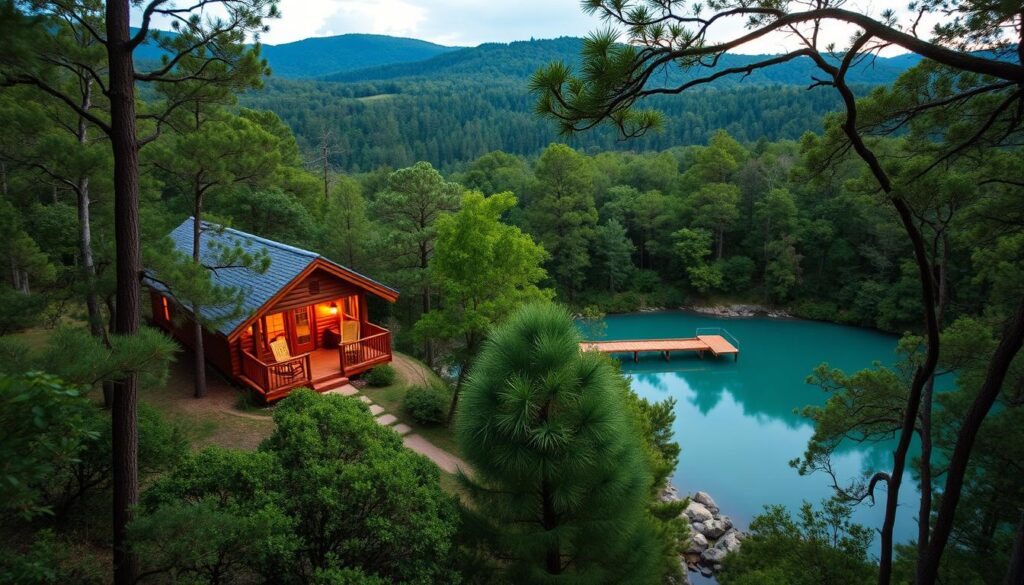 A peaceful forest landscape with lush, emerald foliage and a winding creek, overlooking the serene, turquoise waters of the Emerald Coast. In the foreground, a cozy, wooden cabin nestled among the trees, its warm, golden lighting casting a soft glow. The cabin is surrounded by a wooden deck with rocking chairs, inviting visitors to sit and take in the tranquil scenery. In the middle ground, a wooden dock extends into the calm, mirror-like waters, reflecting the surrounding trees and sky. The background features rolling hills and dense, verdant forests, creating a sense of seclusion and privacy. The overall atmosphere is one of quiet contemplation and romantic escapism, perfect for a nature-loving couple's getaway.