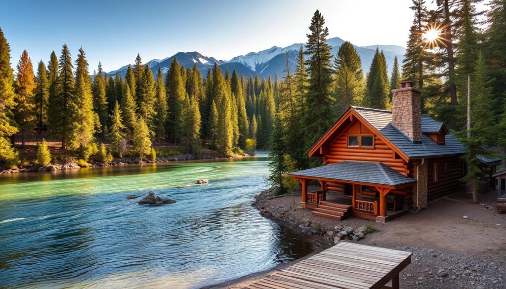 A peaceful scene of the Clark Fork River, its emerald waters winding through a lush forest of towering pines and firs. In the foreground, a rustic log cabin nestled on the riverbank, its warm wood tones and stone chimney perfectly complementing the natural setting. Soft, golden light filters through the canopy, casting a cozy glow across the scene. A wooden dock extends out into the river, inviting visitors to relax and take in the serene, romantic atmosphere. In the distance, the shadowy silhouettes of snow-capped mountains rise up, adding a majestic backdrop to this idyllic, secluded retreat.