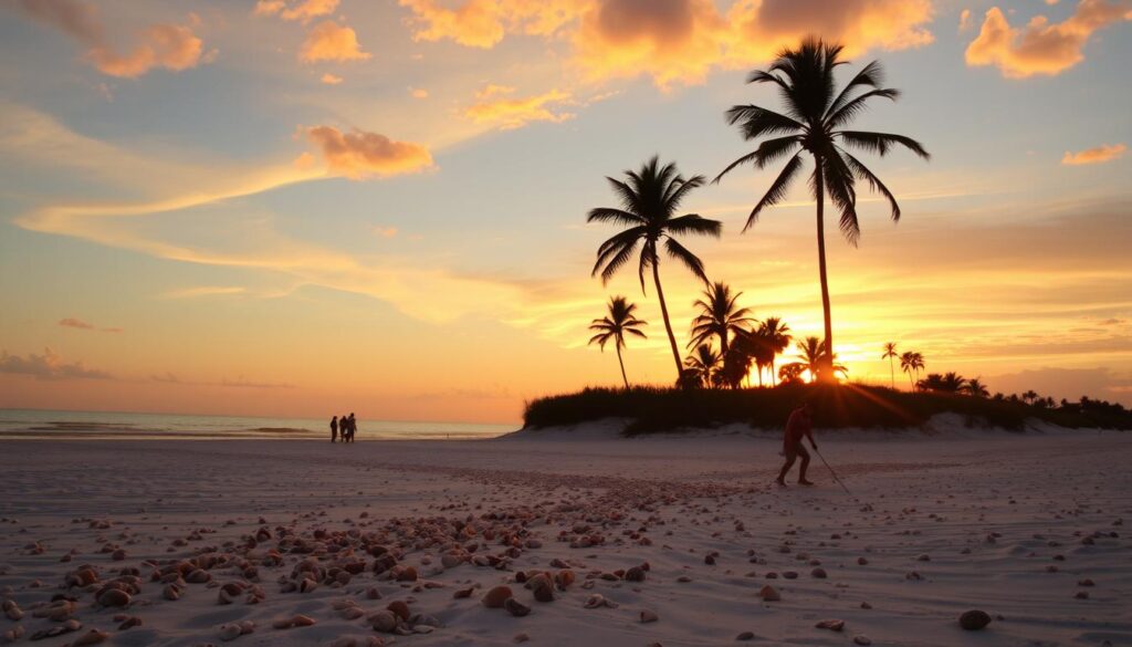 A picturesque Gulf Coast sunset over the pristine white sands of Sanibel Island, with a gentle breeze carrying the scent of sea salt. In the foreground, beachcombers comb the shoreline, searching for the perfect seashells to add to their growing collections. The warm, golden light bathes the scene, casting a serene and romantic atmosphere. In the distance, the silhouettes of palm trees sway gently, framing the vibrant hues of the sky as it transitions from day to night. The image captures the essence of a tranquil, nature-filled getaway, perfect for couples seeking a peaceful and rejuvenating escape.