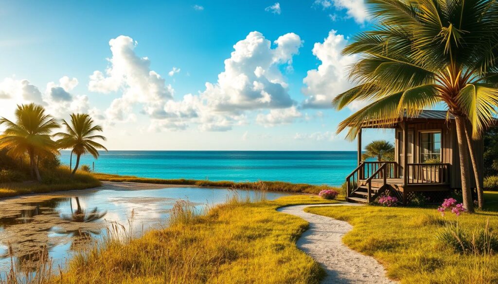 A picturesque coastal retreat nestled on the shores of Corpus Christi, bathed in warm golden sunlight and caressed by gentle ocean breezes. A secluded cabin stands amidst lush palm trees, its weathered wooden exterior complementing the serene natural surroundings. In the foreground, a tranquil lagoon reflects the azure sky, dotted with fluffy white clouds. The middle ground features a winding path leading to the cabin's inviting porch, flanked by vibrant wildflowers and swaying grasses. The background showcases the boundless horizon, where the sky seamlessly meets the sparkling turquoise waters of the Gulf of Mexico. An atmosphere of peaceful solitude and connection with the coastal landscape permeates the scene.