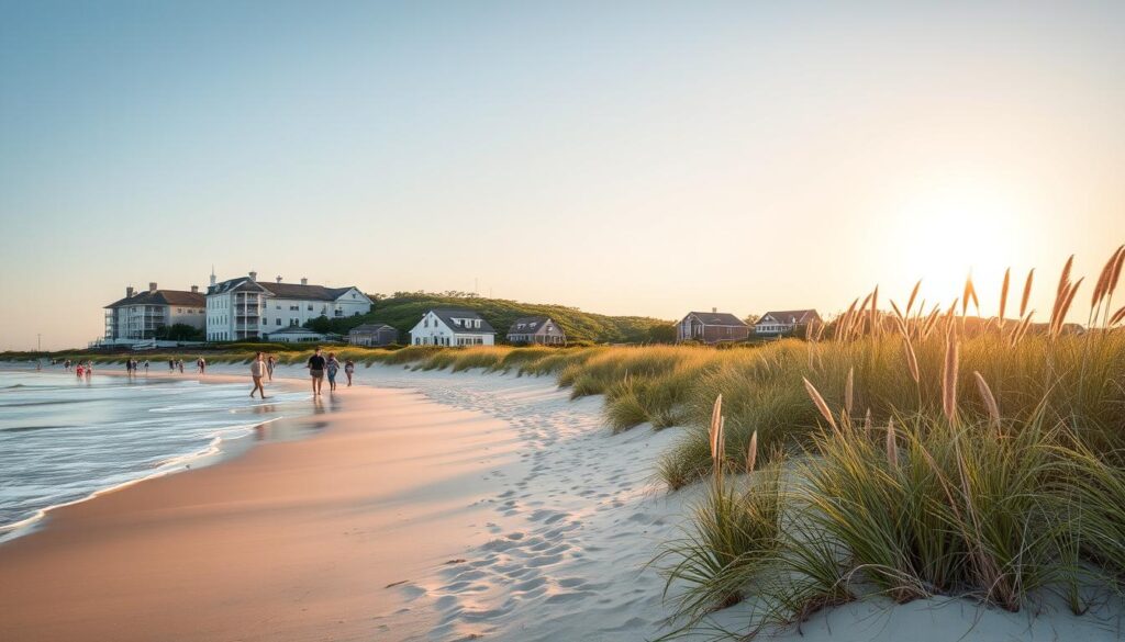 A picturesque coastal scene of Rehoboth Beach, Delaware. In the foreground, a pristine sandy beach with gentle waves lapping at the shoreline. Beachgoers stroll along the boardwalk, taking in the sights and sounds of the quintessential seaside town. Towering dunes and swaying sea grass frame the middle ground, leading the eye to the backdrop of coastal cottages and inns nestled among lush greenery. The sun casts a warm, golden glow over the scene, creating a serene and inviting atmosphere. Captured with a wide-angle lens to showcase the expansive beach and natural surroundings, this image evokes the tranquil and romantic spirit of a Delaware getaway.